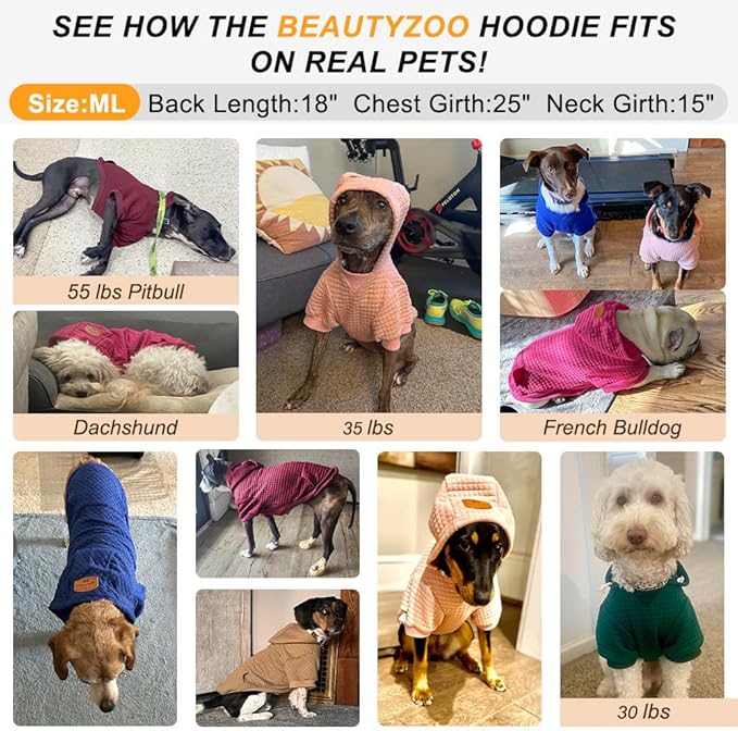 BEAUTYZOO Small Dog Hoodie Sweater with Pockets, Dog Clothes for Small Medium Dogs Boy Girl, Waffle-Like Laminated Cotton Pet Coats with Hat and Leash Hole, Navy Blue ML