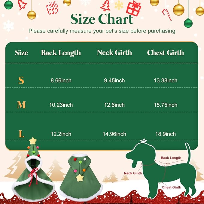 Cat Christmas Cape, Dog Soft Thick Xmas Cloak with Velvet Stars Hat, Pets Christmas Costume Dogs Cats Santa Claus Outfits for Goose Rabbit, L
