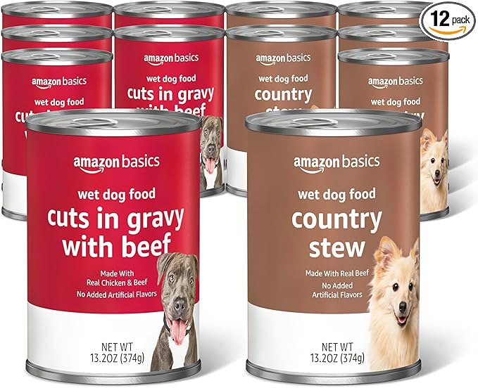 Amazon Basics Wet Dog Food Variety Pack, Country Stew Flavor and Cuts in Gravy with Beef, Made with Natural Ingredients, 13.2oz Cans (Pack of 12)