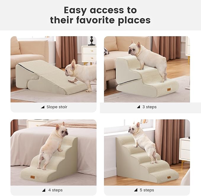 Gardner Pet Dog Stairs for Small Dogs 22.8" H, 5-Step Beige Curved Pet Stairs, Dog Steps for High Bed, Couch (24-30 in) with Durable Non-Slip Waterproof Fabric Cover and CertiPUR-US Certified Foam