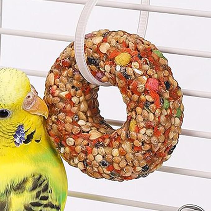 Parakeet Foraging Toy - Donut Grain Teether Bird Treat, Natural Enrichment Activity Toy | Fun Edible Toyy for Lovebirds Aviary Birds Small Parrots Play Chewing Exercise Entertainment