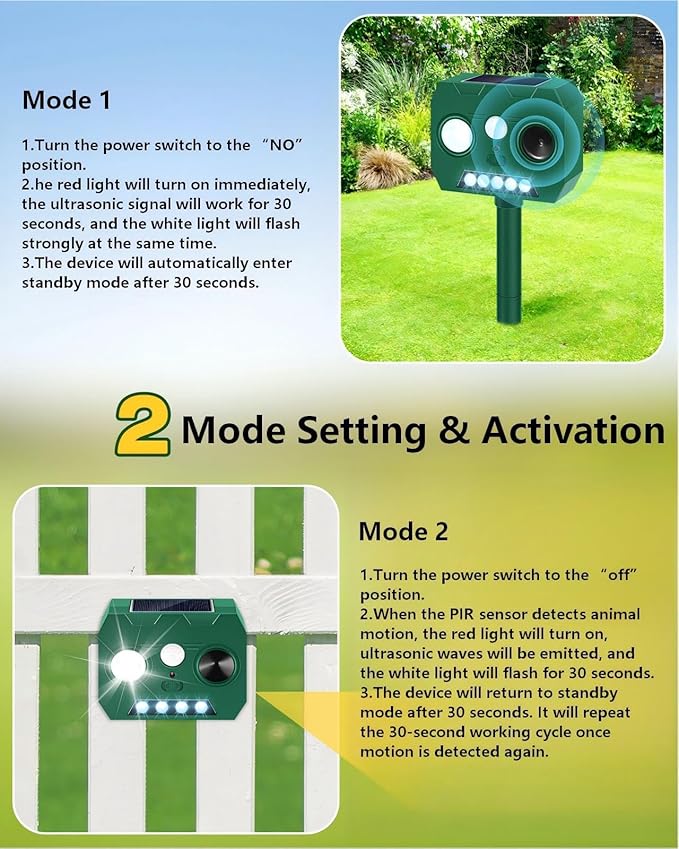 Solar Ultrasonic Animal Repellent Outdoor, 2 Pack Cat Repellent Outdoor Deer Repellent Devices with PIR Motion Sensor ＆ LED Flash, Waterproof Squirrel Repeller, Cat, Raccoons, Rabbits, Deer, Skunk