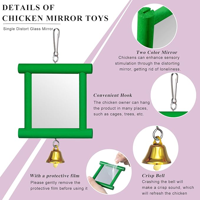 Sumind 2 Pieces Chicken Mirror Toys Hanging Swing Mirror with Bell Wooden Pecking Toy and 4 Pieces Beak Grinding Molar Stones for Hens Birds Parrots(Green,Purple)