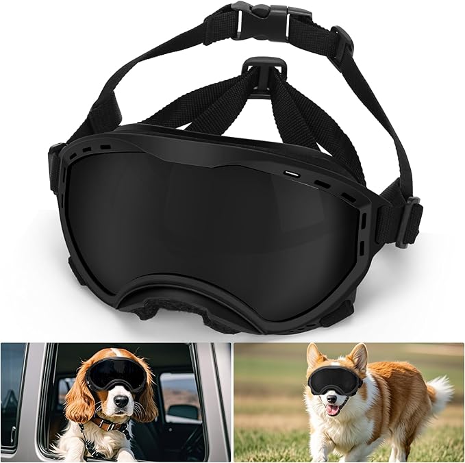 Middle Dog Goggles UV Protection, Dog Sunglasses Transparent Lens, Windproof Anti-Fog Snowproof, for Dogs Eyes Protection,Suitable for Medium-Large Dog Outdoor, Black Box