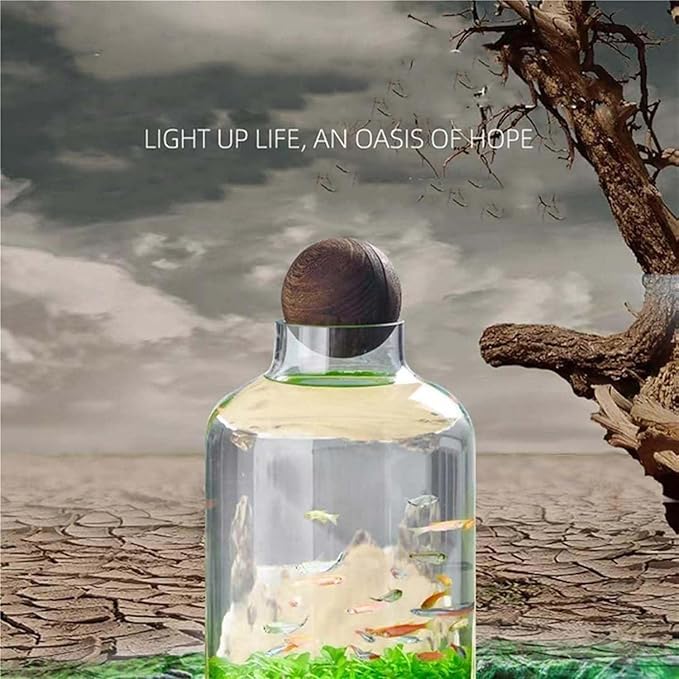 Ecological Aquarium Glass Fish Tank with Wooden Base Micro Landscape Self-circulating Hydroponic Plant Bottle Fish Bowl/Vase(L, A)