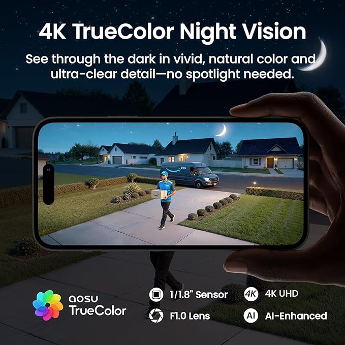 aosu T2 Ultra 4K Security Cameras Wireless Outdoor, TrueColor Night Vision, AI Triple Detection, 360° Auto Tracking, Solar Powered WiFi Camera for Home Security, 1Pack