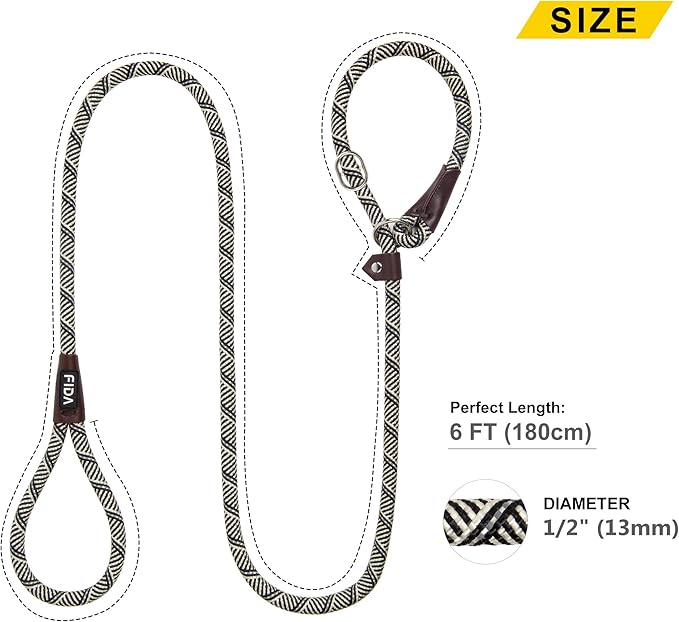 Fida Durable Slip Lead, 6 FT x 1/2" Heavy Duty Dog Loop, Comfortable Strong Rope Leash for Large, Medium Dogs, No Pull Pet Training Leash with Highly Reflective, Grey