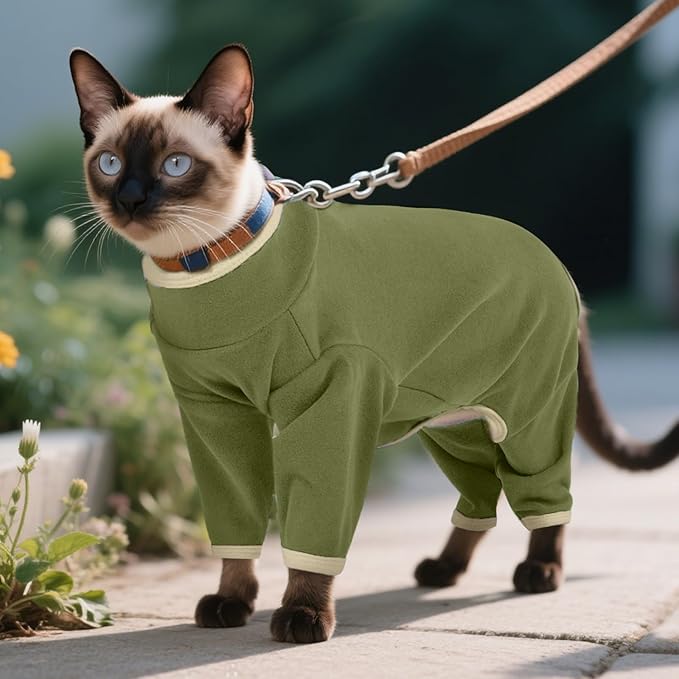 DENTRUN Cat Clothes for Hair Control with Hair Sticky Fabric - Soft Recovery Suit & Breathable Lint-Resistant Cat Sweater for Cats Only, Kitten Onesie Pajamas, S, Army Green