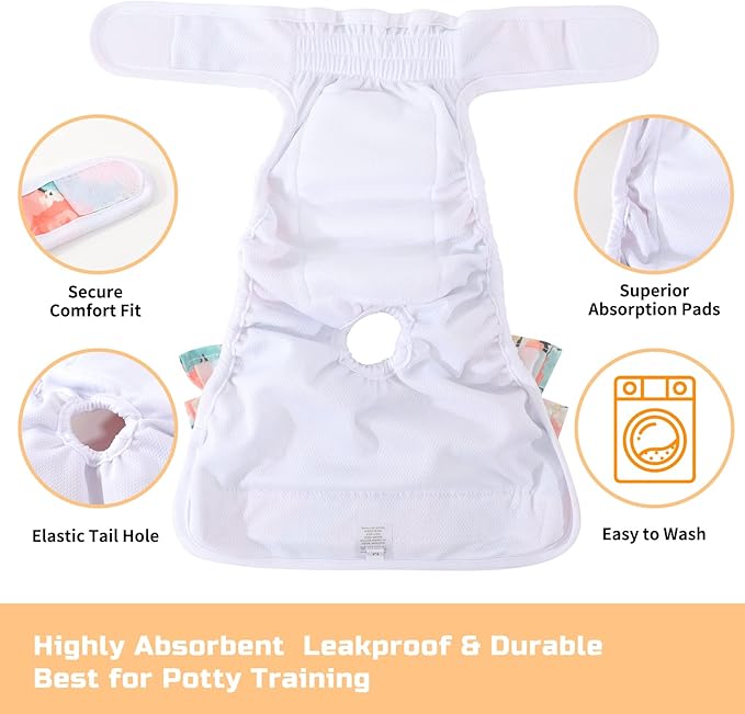 Washable Dog Diapers Female 3 Pack Reusable Premium Highly Absorbent Doggie Diaper, Flexible Puppy Diaper, Durable Leak-Proof Dog Diapers for Period Heat Incontinence Potty Training, S