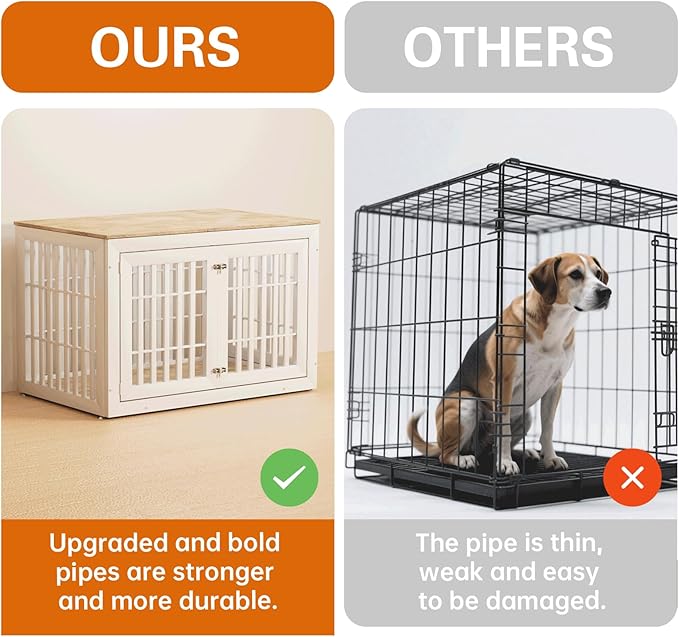 48" Heavy Duty Dog Crate Furniture for Small,Medium and Large Dogs,Rustic Wooden Dog Cage Kennel Indoor Furniture with Waterproof Top,Decorative Pet House Side End Table (White & Wood)