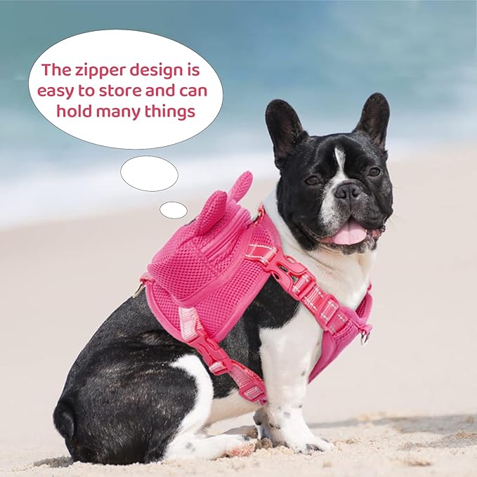 Dog Harness with Backpack, Adjustable Dog Backpack Harness for Small Medium Dogs, No-Pull Breathable Backpacks for Dogs to Wear, for Traveling, Hiking, Camping, Training, Pink L