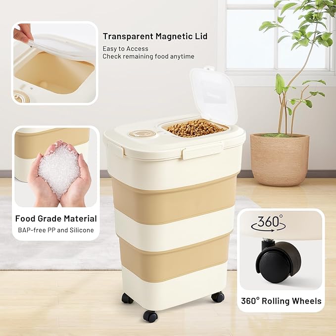 40-50lbs Dog Food Storage Container, Large Capacity Collapsible Airtight Pet Food Storage Containers with Rolling Wheels, Transparent Lid, Scoop and Date Track, Khaki