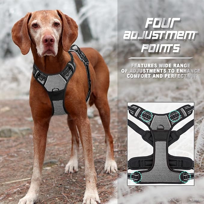 BARKBAY No Pull Dog Harness Front Clip Heavy Duty Reflective Easy Control Handle for Large Dog Walking(Dark Grey,L)