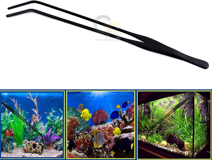 G.S Aquarium Tweezers Stainless Steel Straight and Curved Tweezers Set for Fish Tank Aquatic Plants Long Handle Reptile Feeding Tongs,10.5 inch Black