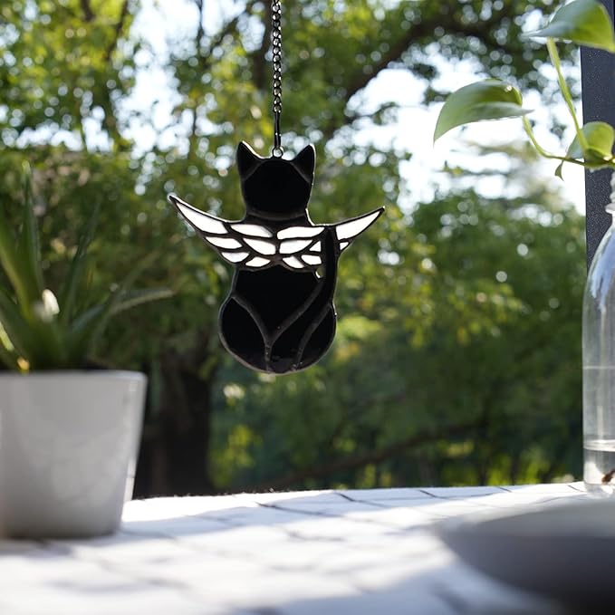 BOXCASA Handmade Black Cat Memorial Gifts - Stained Glass Pet Sympathy Gift with Angel Wings, Window Hanging Memorial Decor for Cat Lovers (Loss of Pet, Rainbow Bridge)