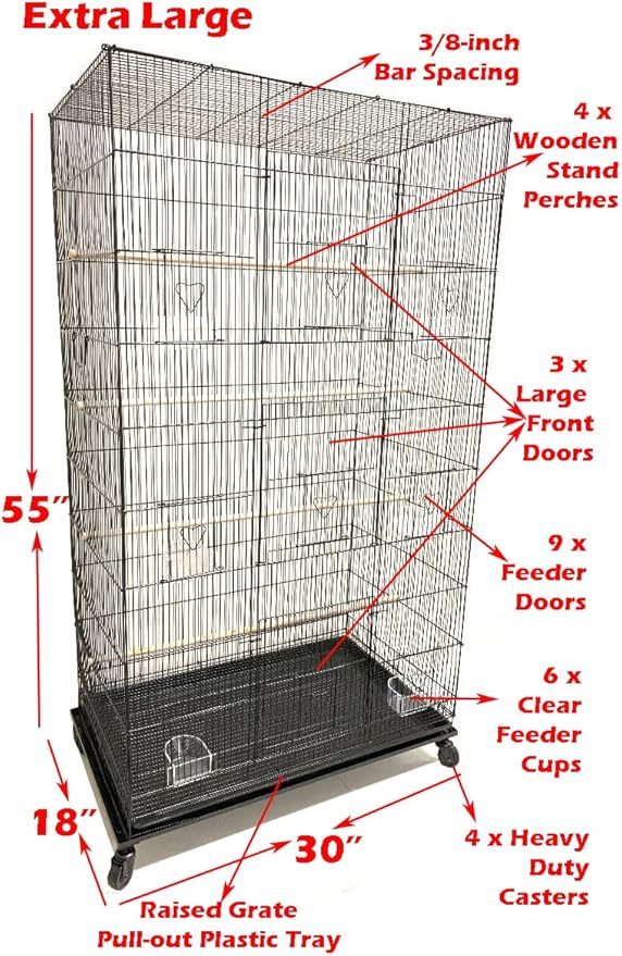 55" Extra Large Tight 3/8-Inch Bar Spacing Finch Parakeet Canary Cockatiel Breeder Breeding Flight Bird Cage with Removable Rolling Stand