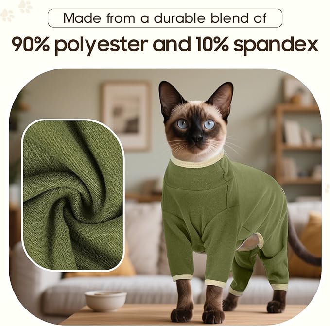 DENTRUN Cat Clothes for Hair Control with Hair Sticky Fabric - Soft Recovery Suit & Breathable Lint-Resistant Cat Sweater for Cats Only, Kitten Onesie Pajamas, S, Army Green