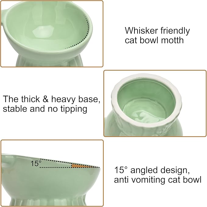 Elevated Cat Food Bowl,8 Oz Ceramic Raised and Tilted Water Bowl,Anti Vomiting and Protect Pets Spines Dishes for Fat Faced Cat, Indoor Cats,Kitten,Small Dog (White)