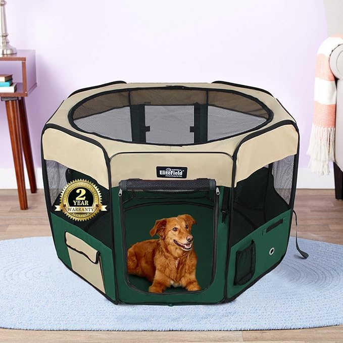 EliteField 2-Door Soft Pet Playpen (2 Year Warranty), Exercise Pen, Multiple Sizes and Colors Available for Dogs, Cats and Other Pets (62" x 62" x 30"H, Beige+Green)