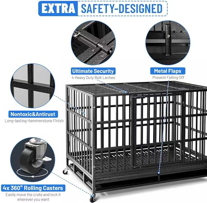 38 Inch Heavy Duty Indestructible Dog Crate, XL Steel Escape-Proof Kennel for Large Dogs, Double Door Design with 4 Locking Wheels & Reinforced Baseplate, Ideal for High-Anxiety Dogs