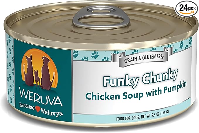 Weruva Classic Dog Food, Funky Chunky Chicken Soup with Chicken Breast & Pumpkin in Gravy, 5.5oz Can (Pack of 24), Blue
