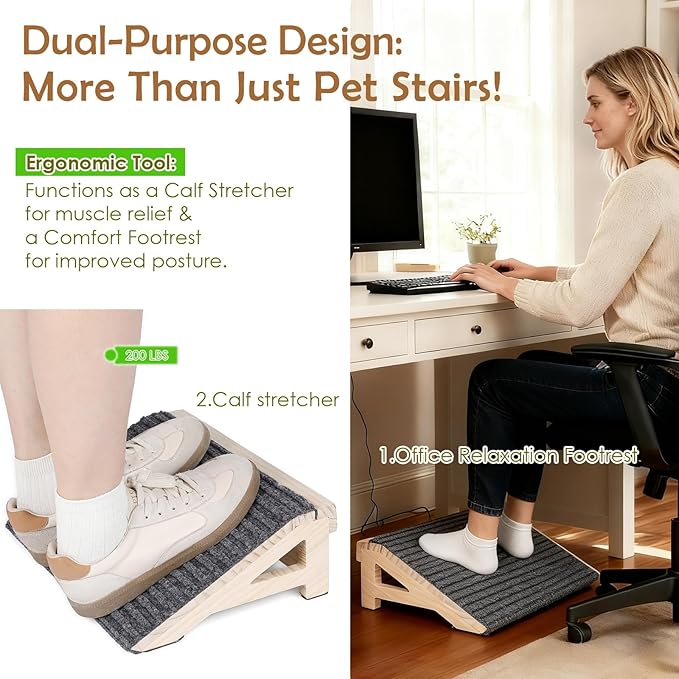 2 Pack Dog Ramp Stairs for Small Dogs – 2-in-1 Solid Wood Pet Ramp & Calf Stretcher, Supports 170lbs, Non-Slip Carpet, Gentle Slope for Senior/Injured/Aging Dogs, Indoor/Gym Use, No Assembly Required