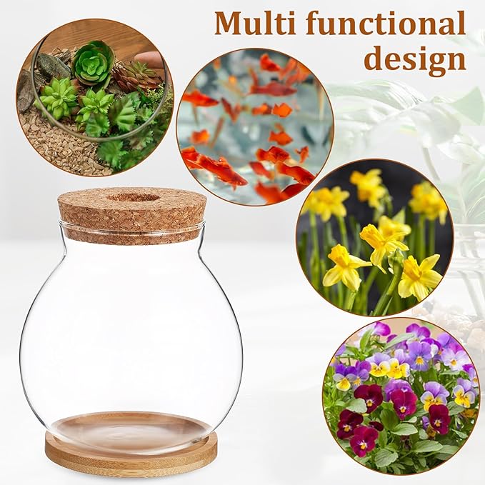 Milisten Desktop Fish Tank Small Glass Bowl with Wood Lid and Bamboo Cushion Hydroponic Plant Terrarium Betta Fish Aquarium for Home Office Decoration