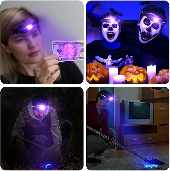 SEVENKA 2 UV Headlamp Flashlight Black Light, Rechargeable LED Hand Free Mini UV Blacklight 395nm Head Lights with White & Ultraviolet Light, Detector for Pet Dog/Cat Urine Stains,Bed Bug,Scorpions
