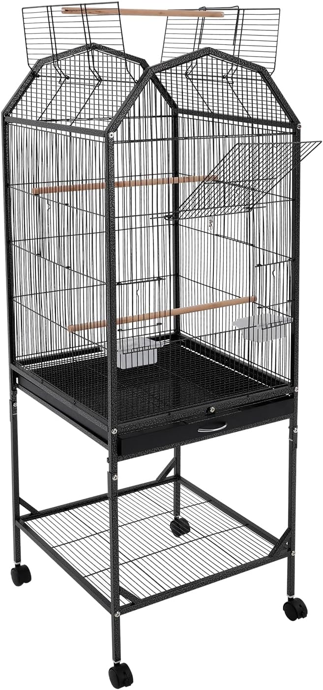 54 Inch 2-Tier Big Bird Cage with Food & Water Bowls Parakeet Bird Cage with Stand, Wheels Metal Birdcage Parrot Cage for Parakeet, Lovebirds, Ringneck, Cockatiels (Black, 2 Tier-Open Top)