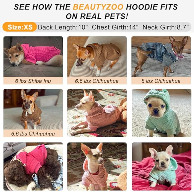 BEAUTYZOO Small Dog Hoodie Sweater with Pockets, Dog Clothes for Small Medium Dogs Boy Girl, Waffle-Like Laminated Cotton Pet Coats with Hat and Leash Hole, Khaki XS