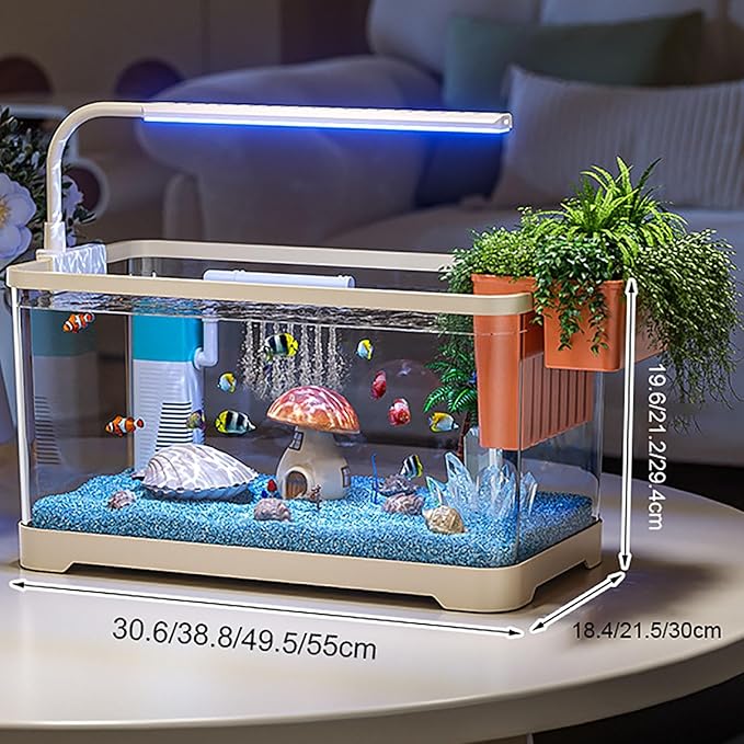 Fish Tank Aquarium Kit,Turtle Tank Kit with 3-in-1 Silent Water Pump Filter System, Self Cleaning Aquarium Starter Kit with LED Light Suitable for Small Fish Or Shrimp,Bottom Drainage(Small)