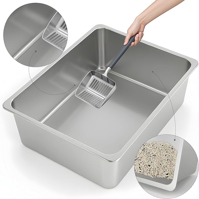 Kirecoo Stainless Steel Cat Litter Box XXL- Metal High Sided Cat Pan, Large Stainless Steel Box, Indoor Litter Tray, Non Stick, No Smell, Easy to Clean, Pet Toilet Supplies for Kitten, Kitty, Rabbit