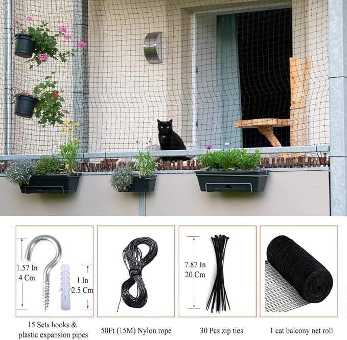 10x26 ft Cat Netting Balcony, No Steel Wire, Anti-Fall Safety Net for Cats – Pet Balcony Screen, Catio Netting, Cat Fence Barrier for Apartment Balconies, Windows, Stair, Decks, Patios