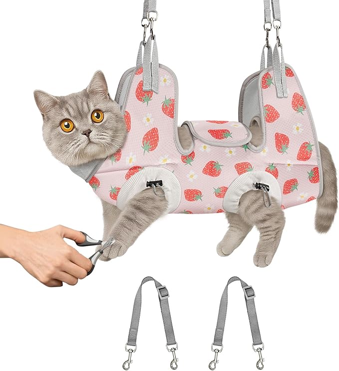 Supet Cat Grooming Hammock Harness for Nail Trimming, Cat Grooming Hanging Sling for Nail Clipping, Pet Restraint Holder for Cutting Nails, Medicine, Ear & Teeth Cleaning, Eye Care (Strawberry L)