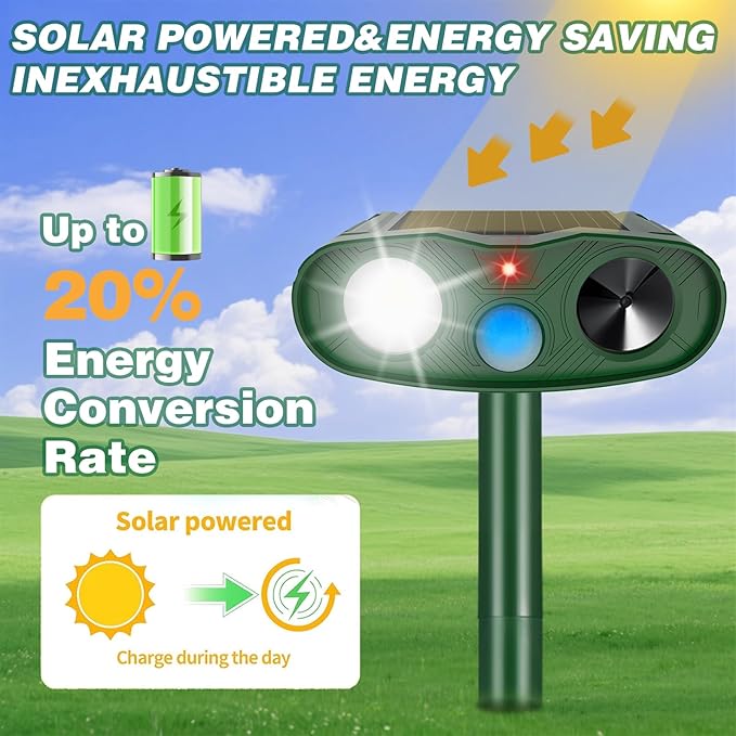 2 Pack Ultrasonic Animal Repellent Outdoor, Solar Deer Repellent Motion Sensor Cat Squirrel Rabbit Repeller, Waterproof Dog Raccoon Deterrent with LED Strobe Flash Lights