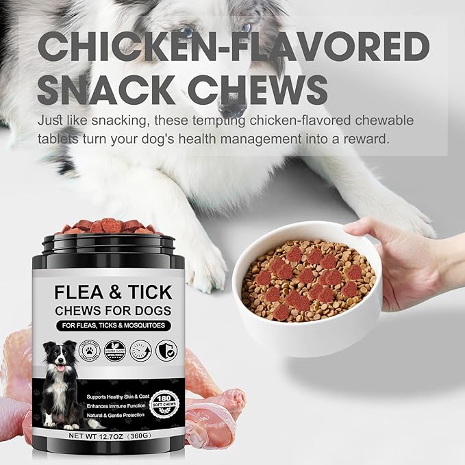 Dog Flea and Tick Chewable Supplement – Natural Support for Skin & Coat Health, Seasonal Comfort & Itch Relief – 180 Soft Chews with Chicken Flavor for Dogs & Puppies (180pcs)