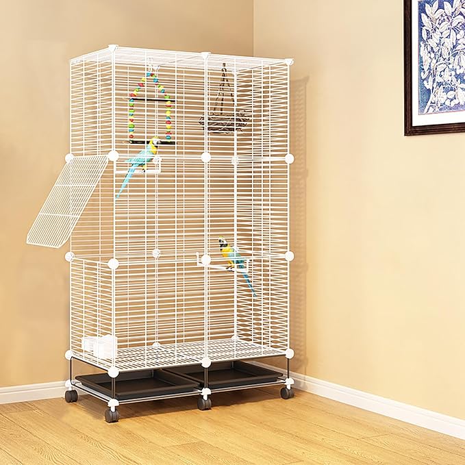 49 Inch 3-Tier Big Bird Cage with Food & Water Bowls Parakeet Bird Cage with Stand, Wheels Metal Birdcage Parrot Cage for Parakeet, Lovebirds, Ringneck, Cockatiels (White, 3-Tier-Roofless)