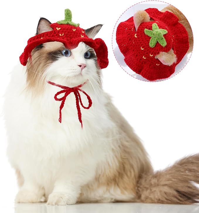 Strawberry Cat Hat, Cotton & Soft Cute Knitted Hats for Cats Strawberry Crochet Cat Hats for Cats Only Cute Puppy Hat for Small Pets on Christmas Birthday Party Halloween (Red, S)