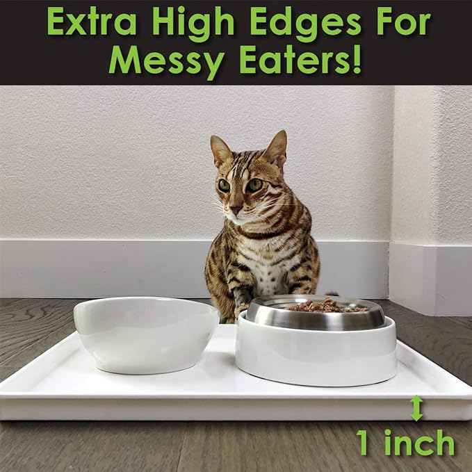 CatGuru Cat Food Mat, Small & Large Pet Feeding Mat, Waterproof Cat Tray for Food and Water, Silicone Pet Placemat, Non-Slip Mats for Cats, Easy to Clean Tray for Pets Bowls (Hard Tray,Marshmallow)