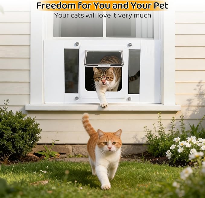 Cat Door for Window, Adjustable Width Fits 31"-36", Quick-Fit Cat Door Window Insert, Aluminum Frame with Tight Seal & Magnetic Closure, 4 Locking Modes for Pet Access Control