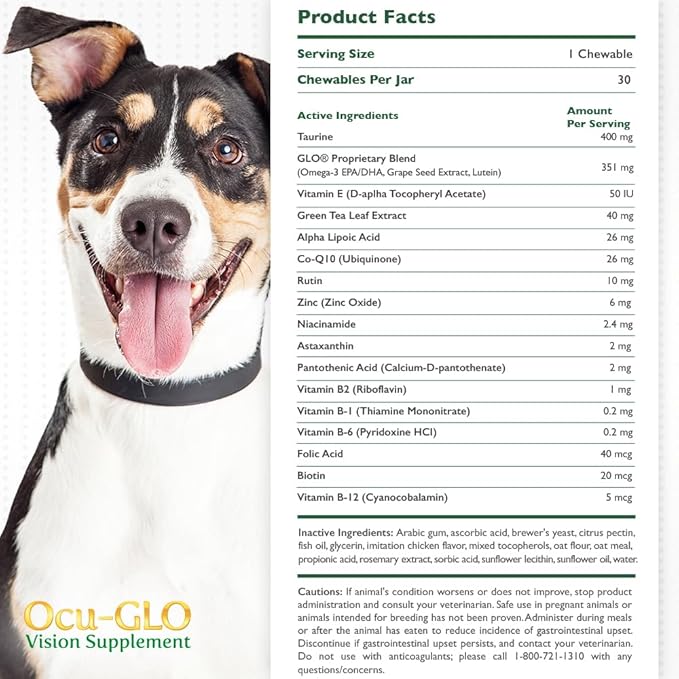 Ocu-GLO Cat & Dog for Eye Support - Chewable Vision Supplement for Medium and Large Pets Care with Lutein, Omega-3 Fatty Acids, Grape Seed Extract & Antioxidants 30 XL Chewables
