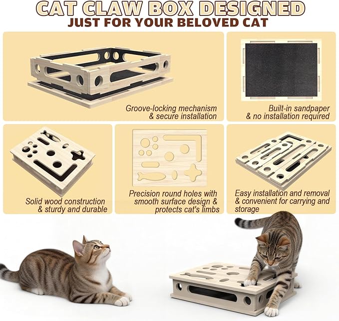 Cat Scratch Puzzle Enrichment Box, Large Solid Wood Construction Cat Nail File Enrichment Box with Sandpaper Inside, Cat Nail File Box Stress Free Alternative to Clippers and Grinders(No Bell Ball)