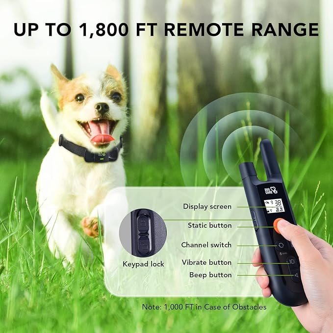 DOG CARE Dog Training Collar with Remote - Shock Collar for All Dogs with 1800FT Remote, Rechargeable Bark Control with Beep/Vibration/Shock Modes, Security Lock, Rainproof