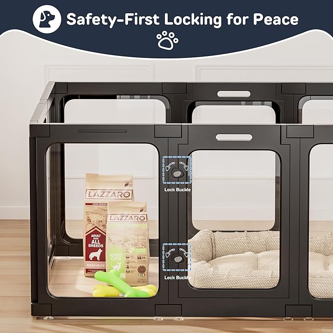 Acrylic Dog Playpen Indoor, 10 PCS Plastic Puppy Playpen with Door, Clear PlayPen for Dog Cat Rabbit Ferret, Preferable Small Dog Cage, Easy Assemble Pet Pen, 50" L x 33.5" W x 24" H, Black