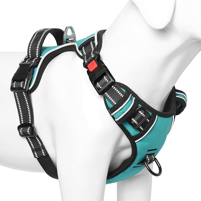 Timos No Pull Dog Harness, Release at Neck Reflective 3 Snap Buckles Adjustable No Choke Pet Vest with Front & Back 2 Leash Clips, Soft Padded Control Training Handle for Small Medium Large Dogs