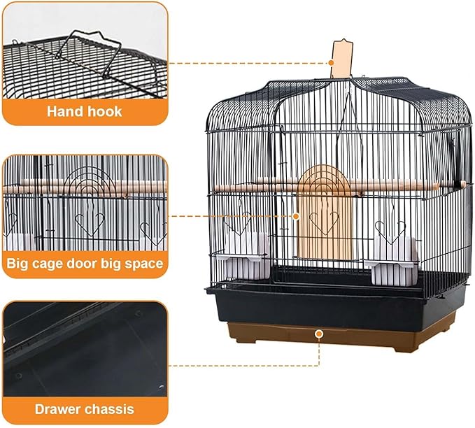Portable Bird Travel Cage, Metal Carrier Flight Bird Cage with Food Container, Wooden Perch & Pull-Out Tray for Parrots, Canaries, Cockatiels, Lovebirds, Conures Black