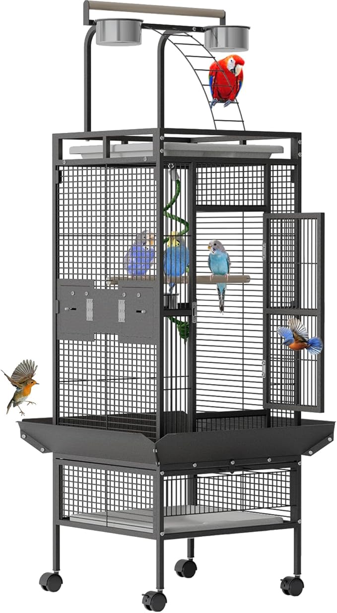 Large Bird Cage 60-inch Playtop Metal Bird Cages with Rolling Stands, Feed Bowls for Parakeets, Conures, Parrot Cage for Medium Large Parrot Cage with Slide-Out Tray Seed Guard, Black