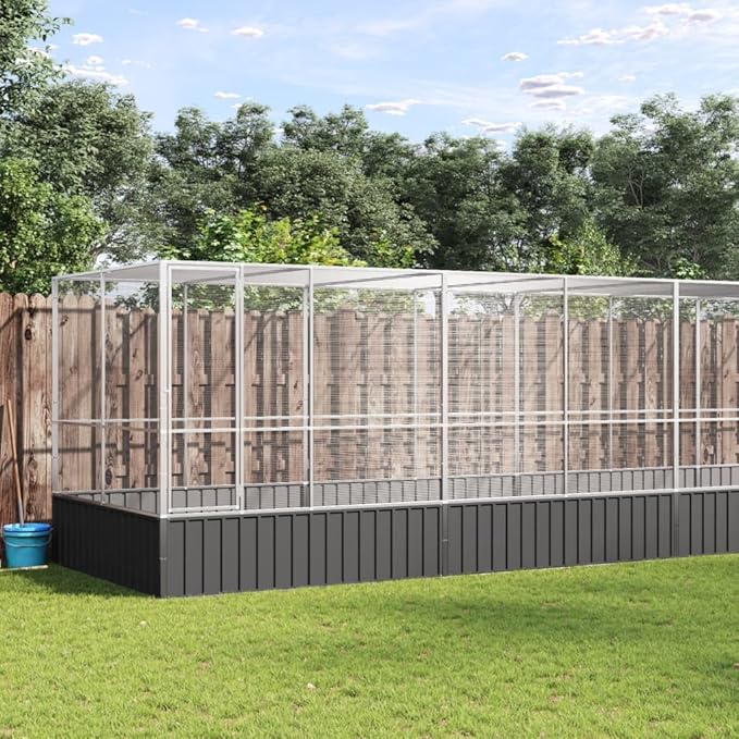 vidaXL Aviary with Extension - Silver - 409.1"x81.5"x83.5" Galvanized Steel Frame, Secure Mesh, Ample Room, Lockable Door - for Birds, Rabbits, Chickens, Small Animals
