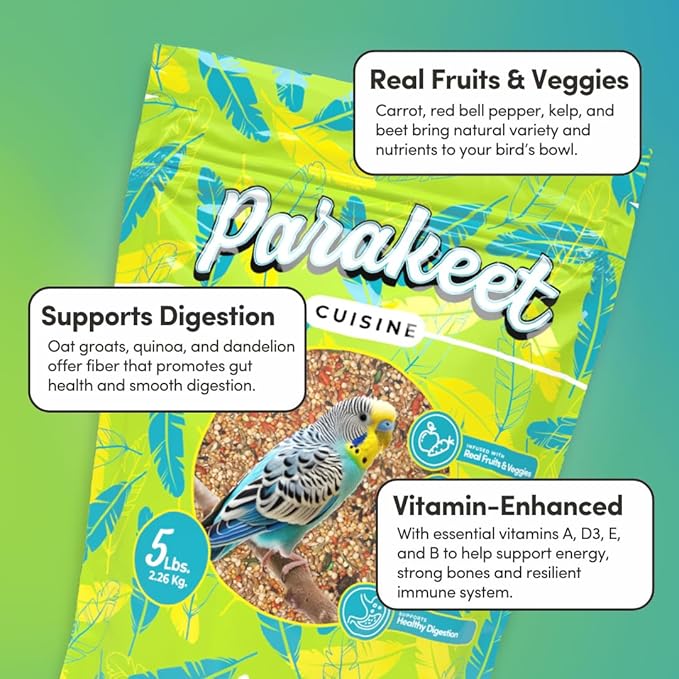 Mycelium Parakeet Cuisine Bird Food (5 LB Bag) | Organic, Nutritious Parakeet Feed with Real Fruits, Veggies & Vitamins | Supports Digestion & Daily Energy | Non-GMO, Filler-Free, Made in USA