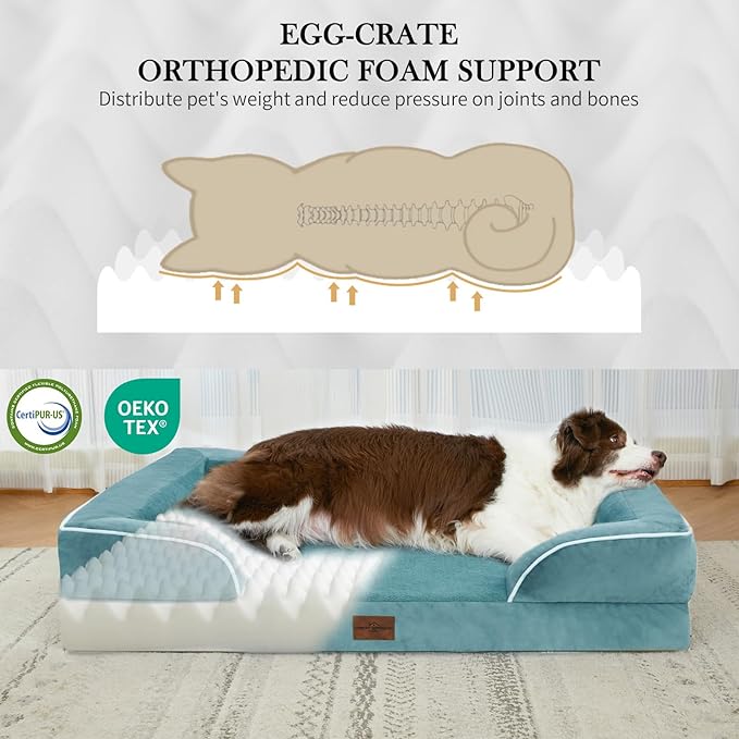 Comfort Expression Orthopedic Dog Bed for Medium Dogs 30x20 Inch, Waterproof Egg Crate Foam Medium Pet Bed with Removable Bolsters, Dog Couch with Washable Cover & Non-Slip Bottom, Washed Blue